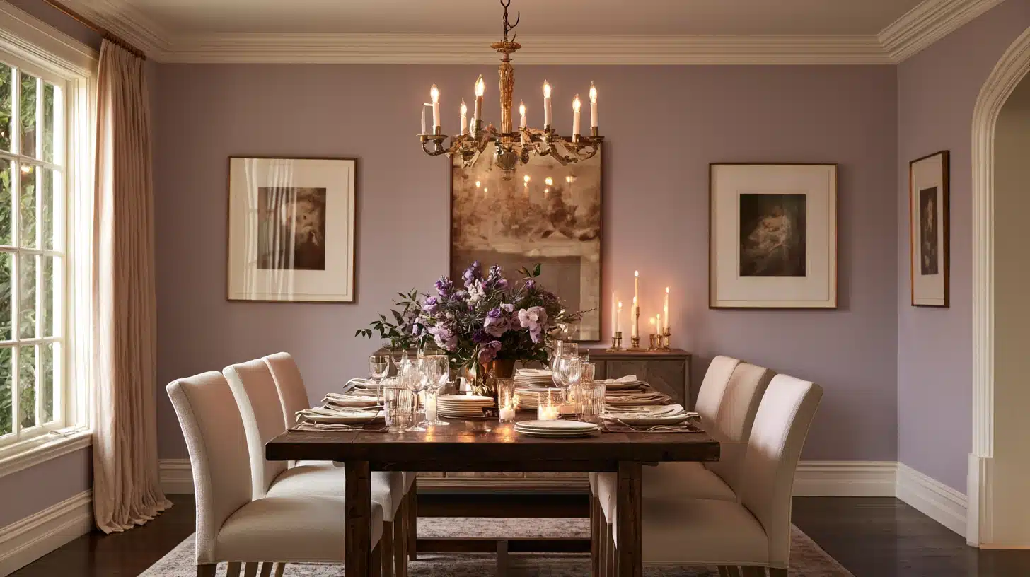 Elegant dining room with lavender mauve walls, dark wood table, cream chairs, chandelier, candles, and floral centerpiece.
