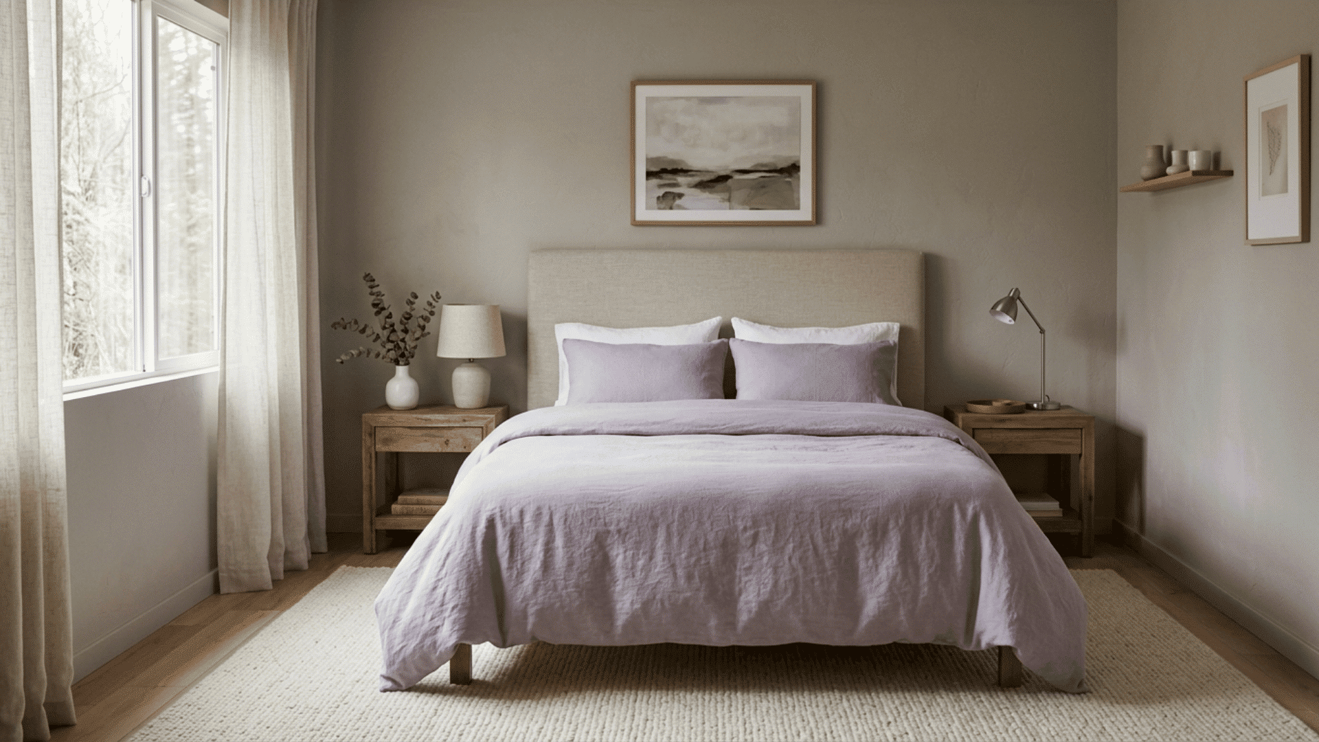 lavender bedroom with plush bedding, wood tables, framed art, and sheer curtains