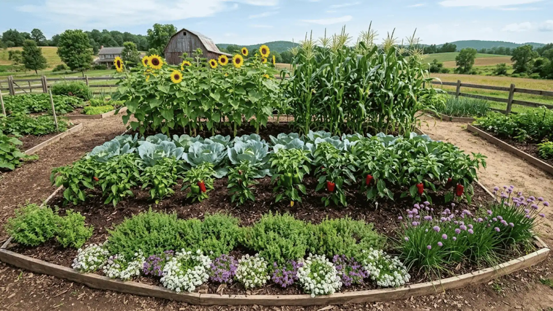 Layered garden layout with sunflowers, corn, cabbage, peppers, and chives