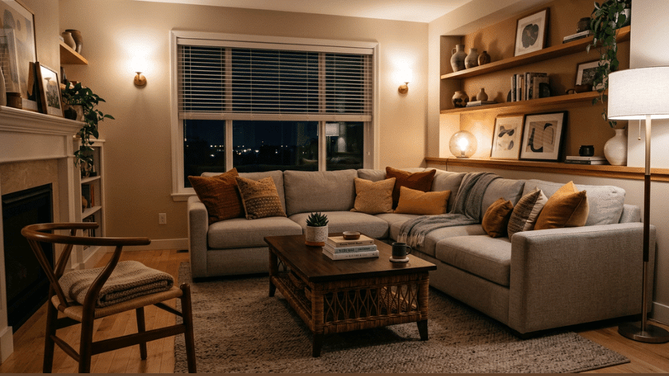 Layered lighting in a living room with wall sconces, floor lamp, and shelf lighting