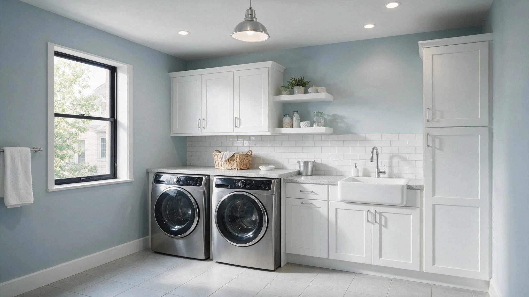 Light blue laundry room with stainless steel washer and dryer, white cabinetry, farmhouse sink, and cool neutral finishes.