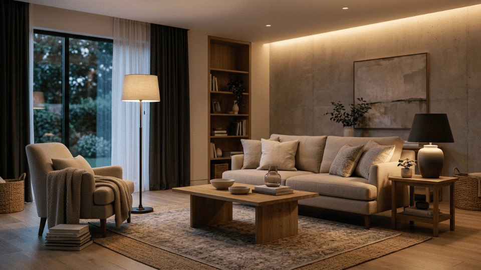 Floor and table lamps positioned around a living room sofa and seating area