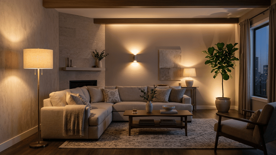 Floor lamps and wall lights illuminating dark corners of a living room