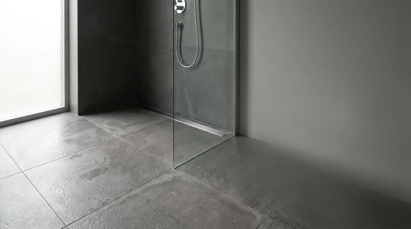 Modern shower with glass door and gray tiled walls and floor in minimalist bathroom