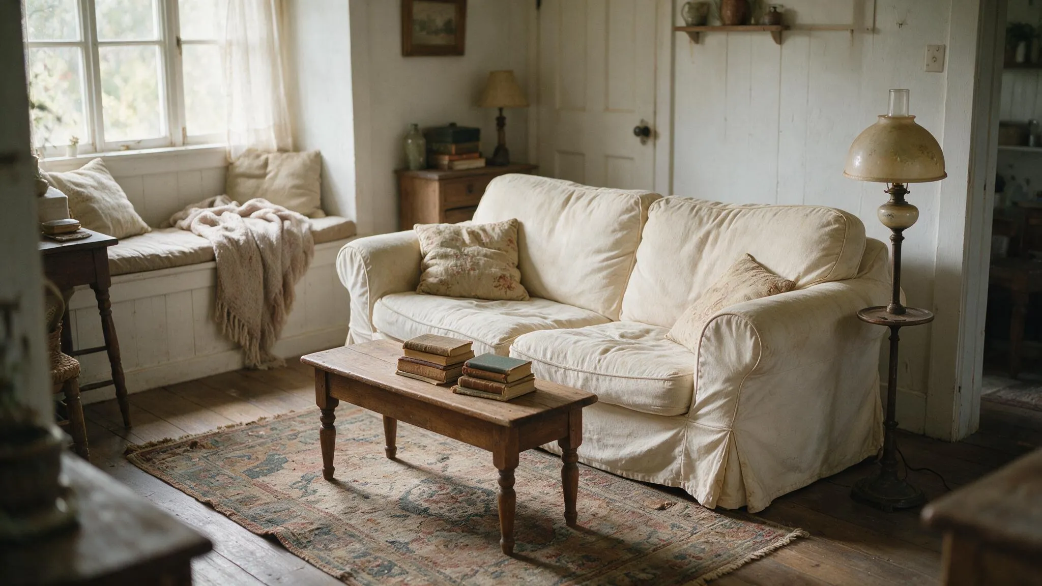 Cozy cottagecore living room with cream slipcovered sofa wooden table vintage books worn rug and a soft window seat