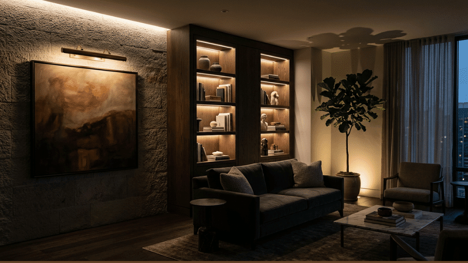 Accent lights highlighting living room artwork, shelves, plants, and architectural features