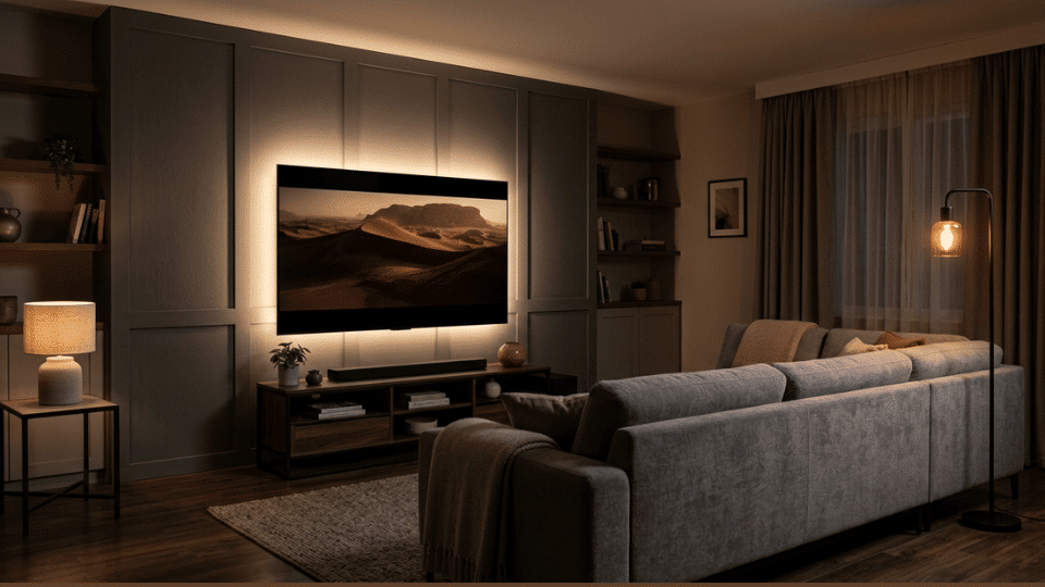 Soft living room lighting positioned around a TV to reduce screen glare