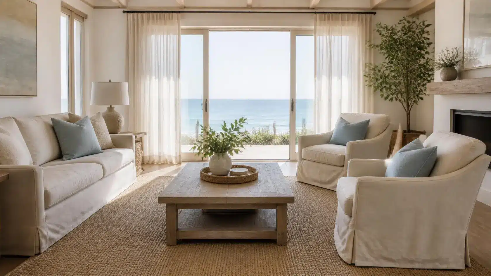Living room with neutral-toned furniture and a large sliding glass door overlooking the ocean.