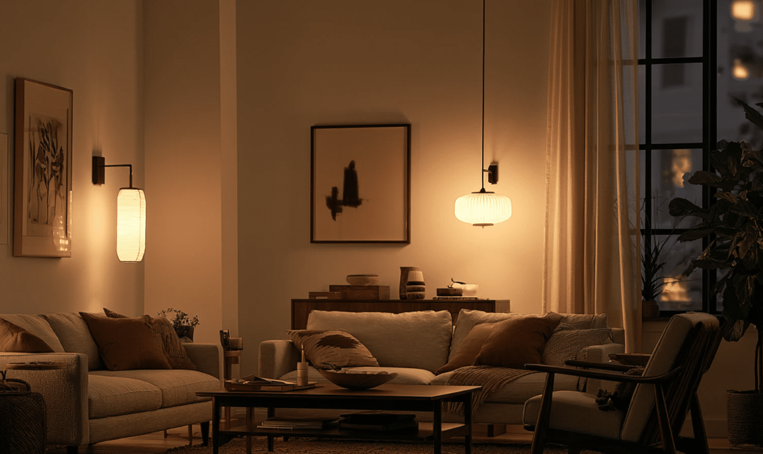 Living room with Shoji White walls, dim warm lighting, and elegant nighttime interior decor.