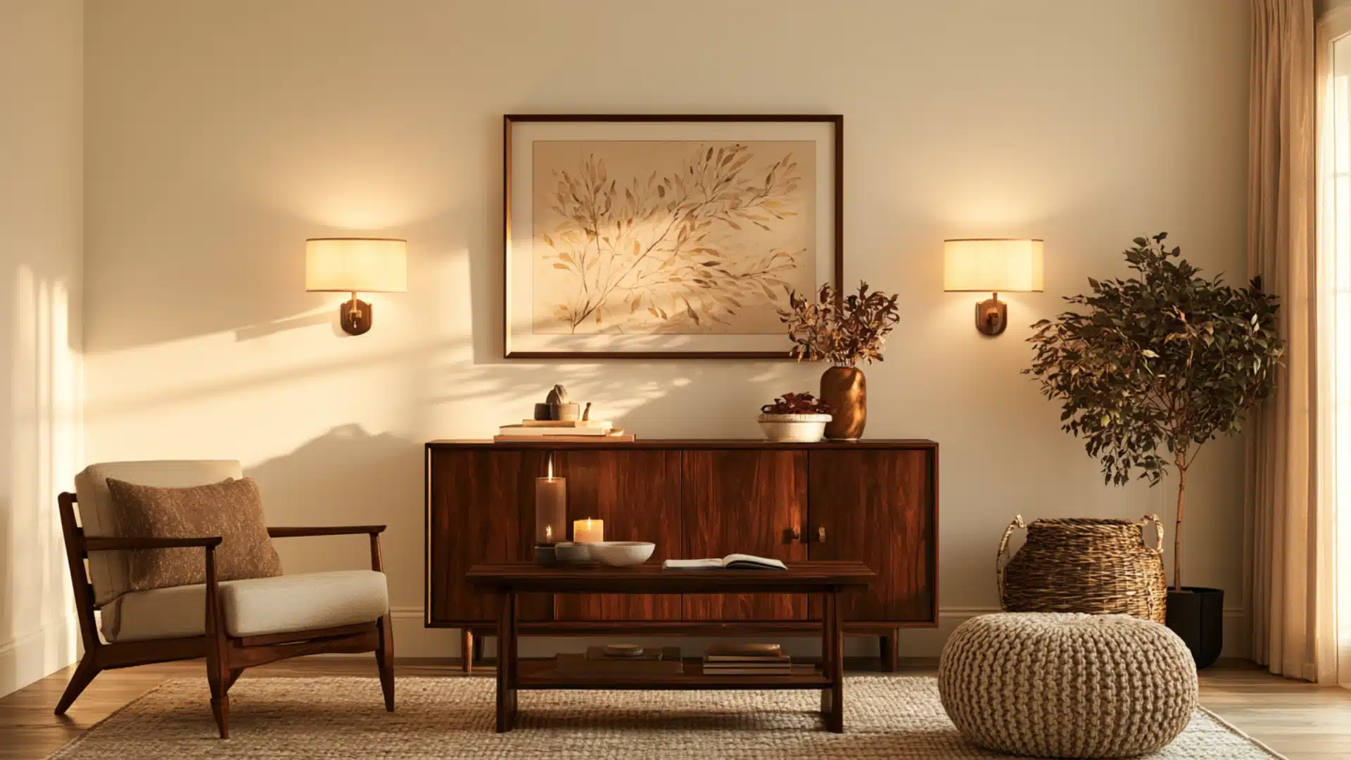 Living room with Shoji White walls, warm lighting, wooden furniture, and cozy neutral decor accents.