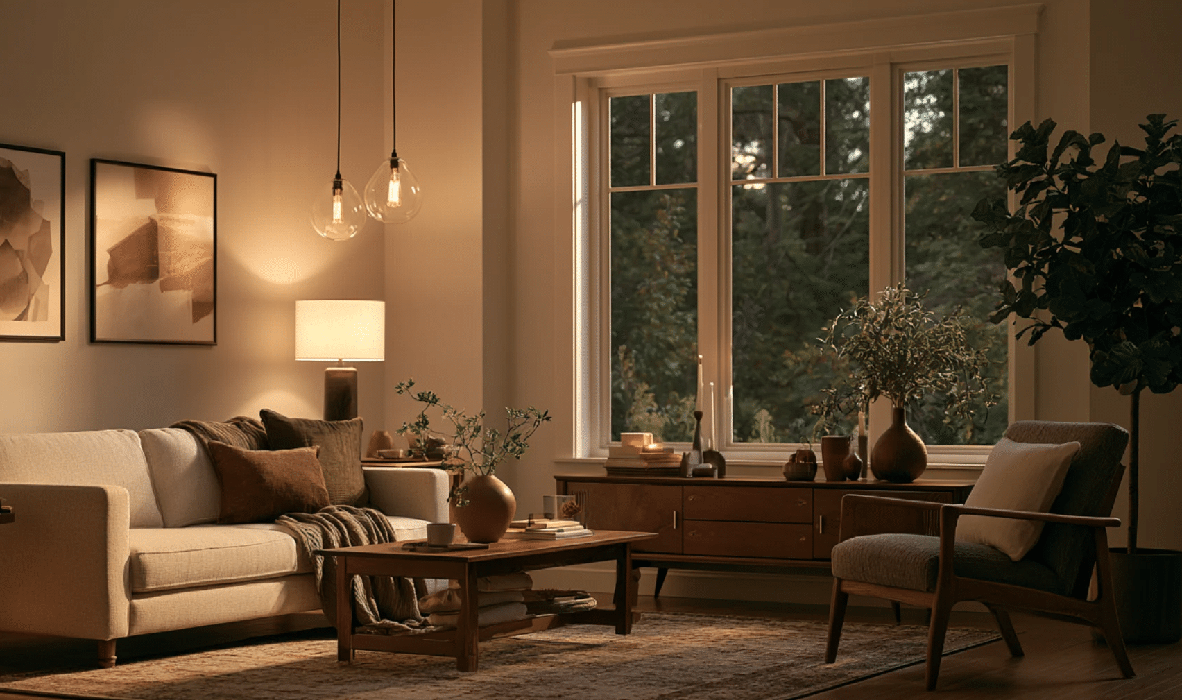 Living room with Shoji White walls, wooden furniture in evening light creating a calm atmosphere.