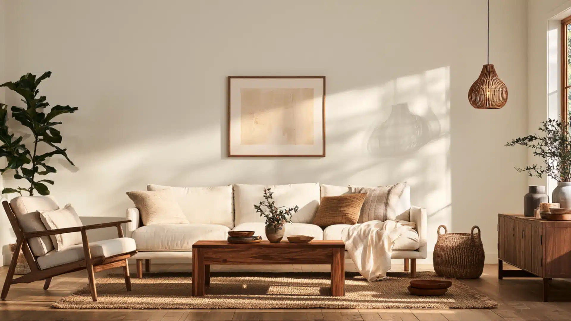 Living room with Shoji White walls, wooden furniture, and warm afternoon sunlight creating a cozy atmosphere.