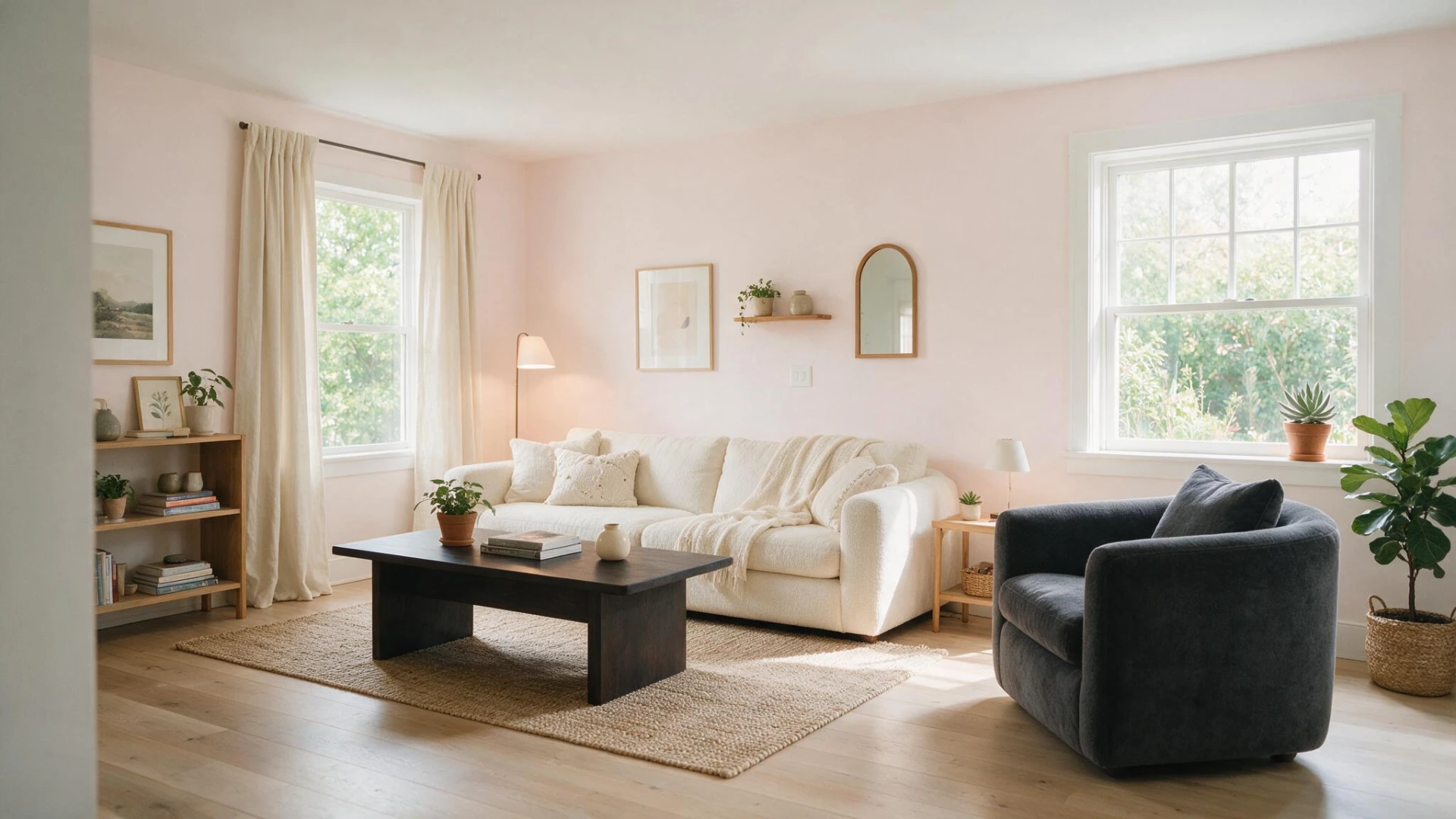 Living room with soft pink walls, a cream sofa, dark armchair, and wooden coffee table