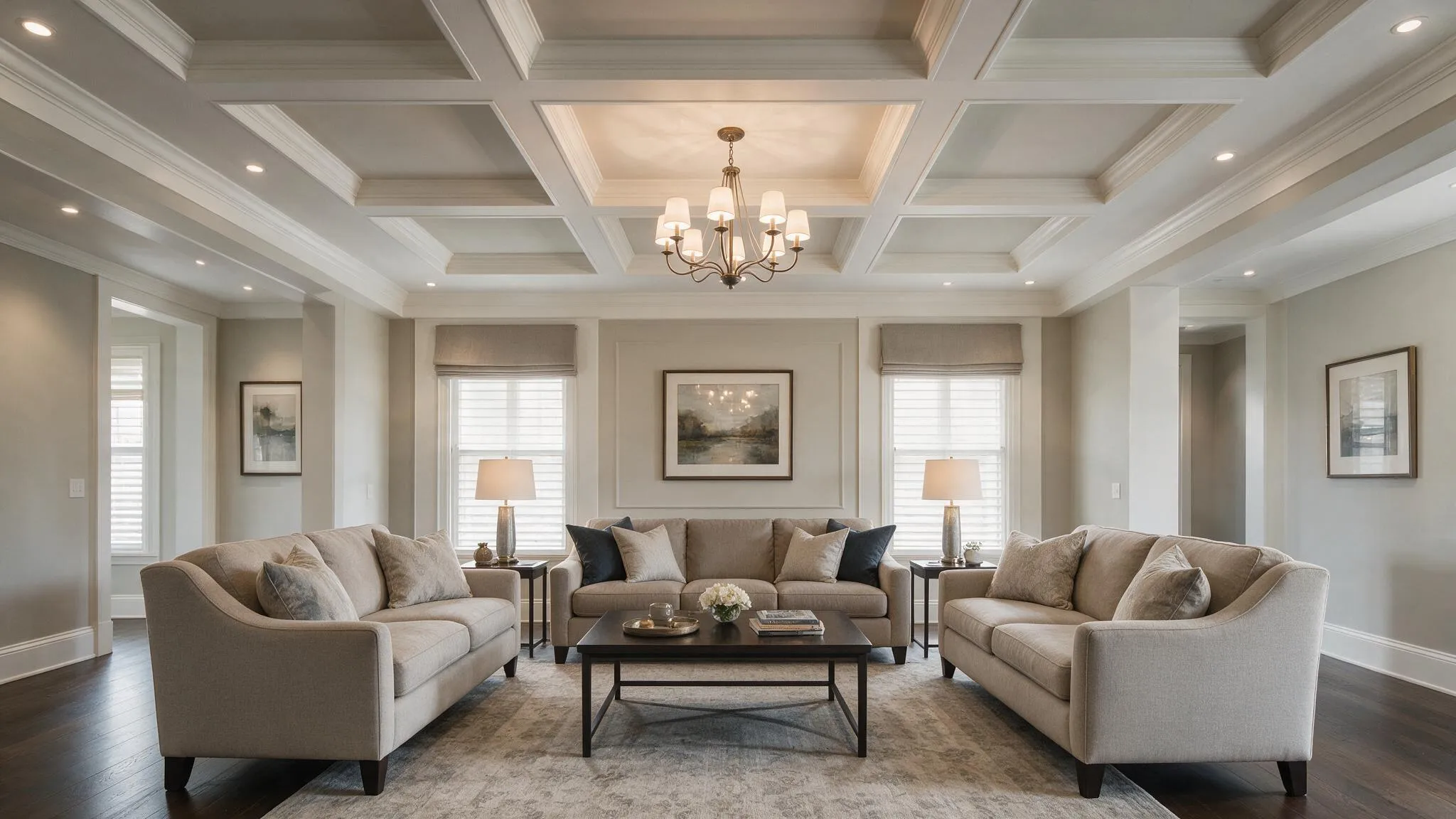 Living room with white coffered ceiling centered chandelier neutral sofas dark wood floor and soft warm lighting
