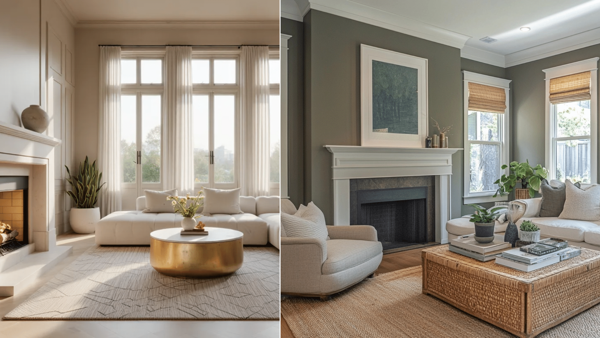 Side-by-side living rooms with beige and deep gray-green painted walls
