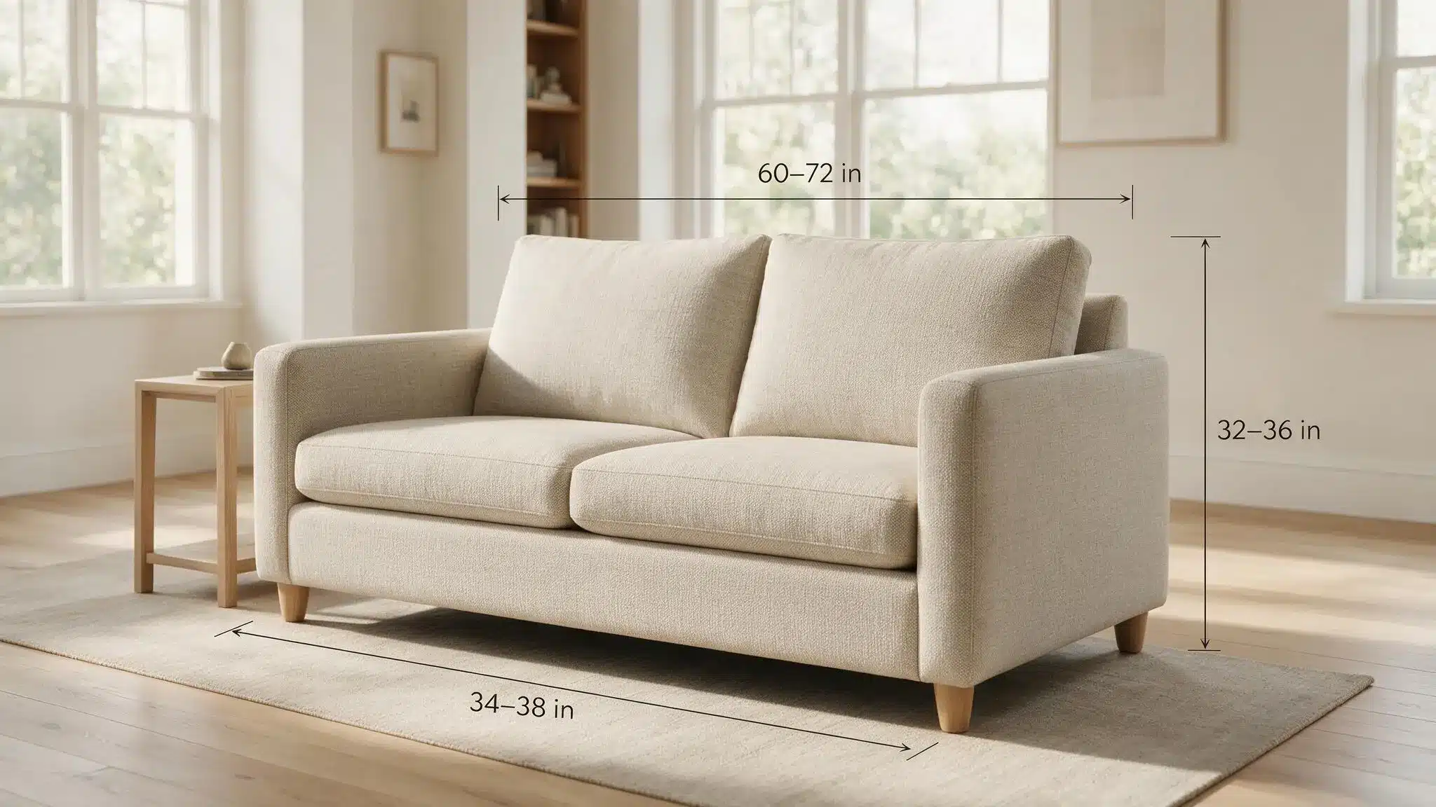loveseat sofa with dimensions displayed in a bright modern living room