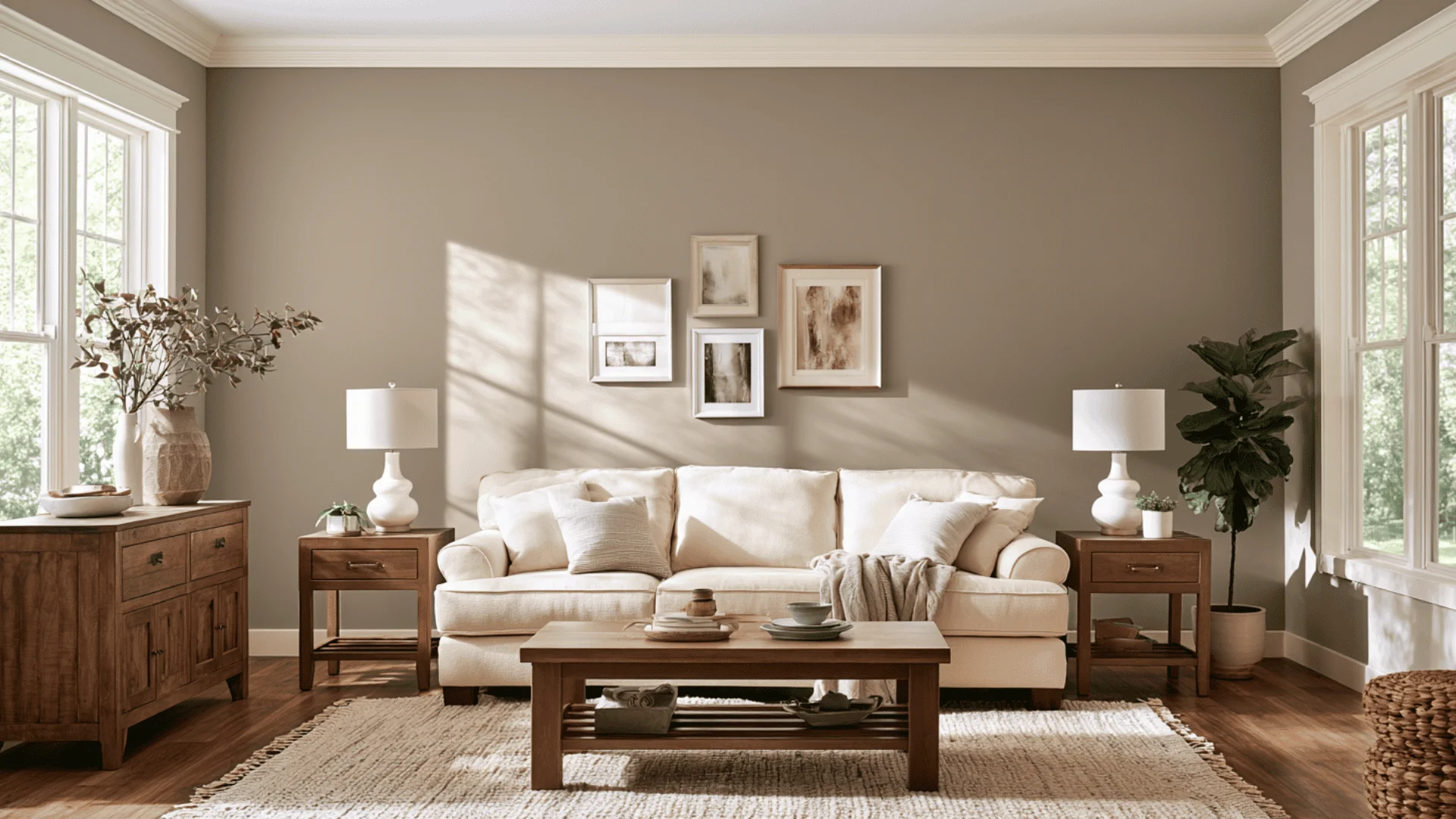 Bright living room with a cream couch, wooden coffee table, and warm gray painted wall.