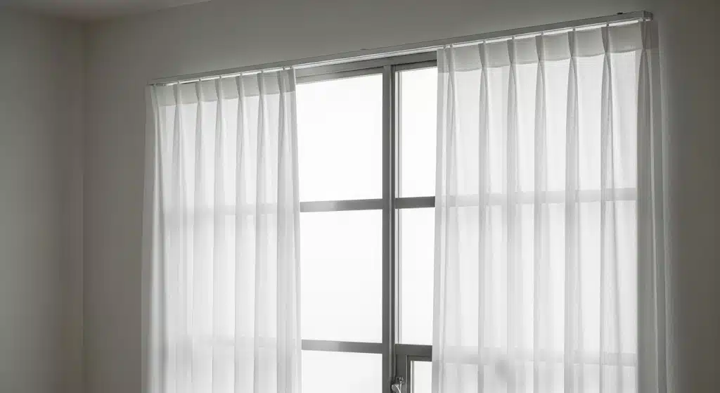 Magnetic curtain rod holding white sheer curtains across a metal-framed window for easy no-drill installation.