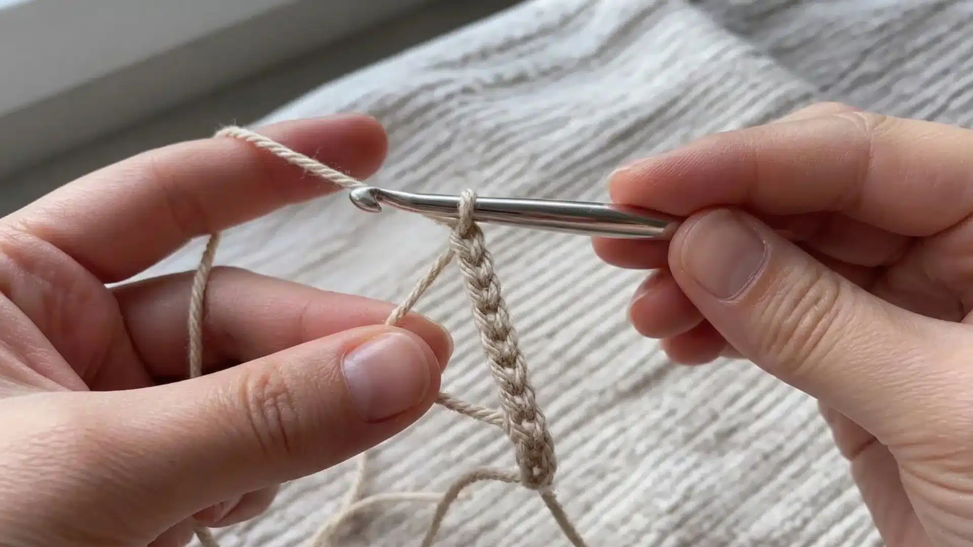 Hands using a crochet hook to create a chain stitch with yarn