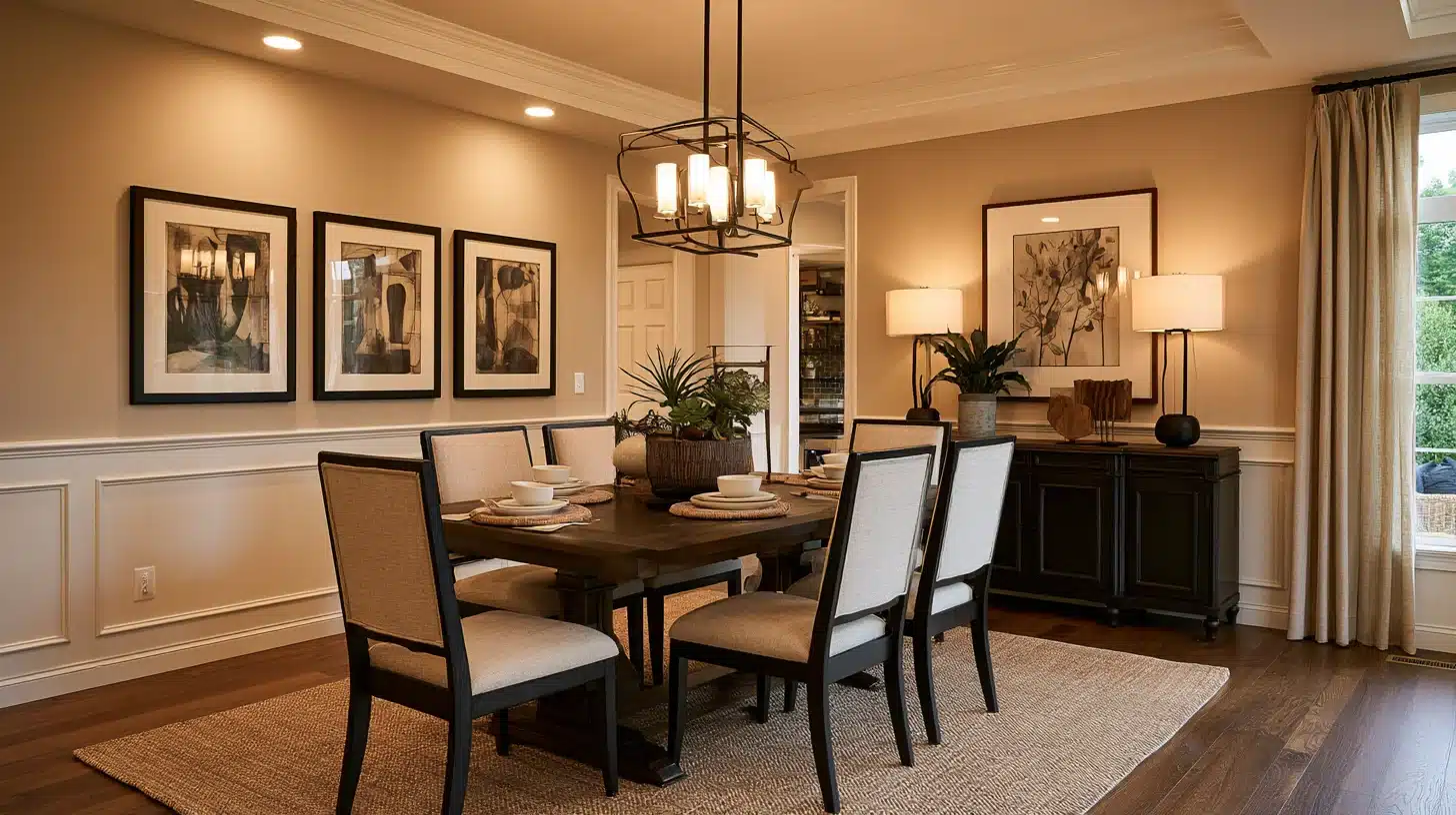 Elegant dining room with a set table, upholstered chairs, pendant chandelier, framed artwork, sideboard, and floor lamps.