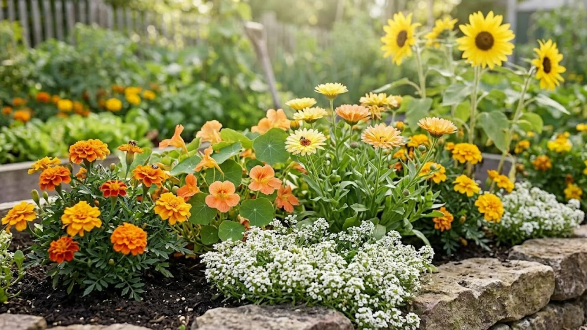 Marigolds, nasturtiums, alyssum, and sunflowers along a stone garden border