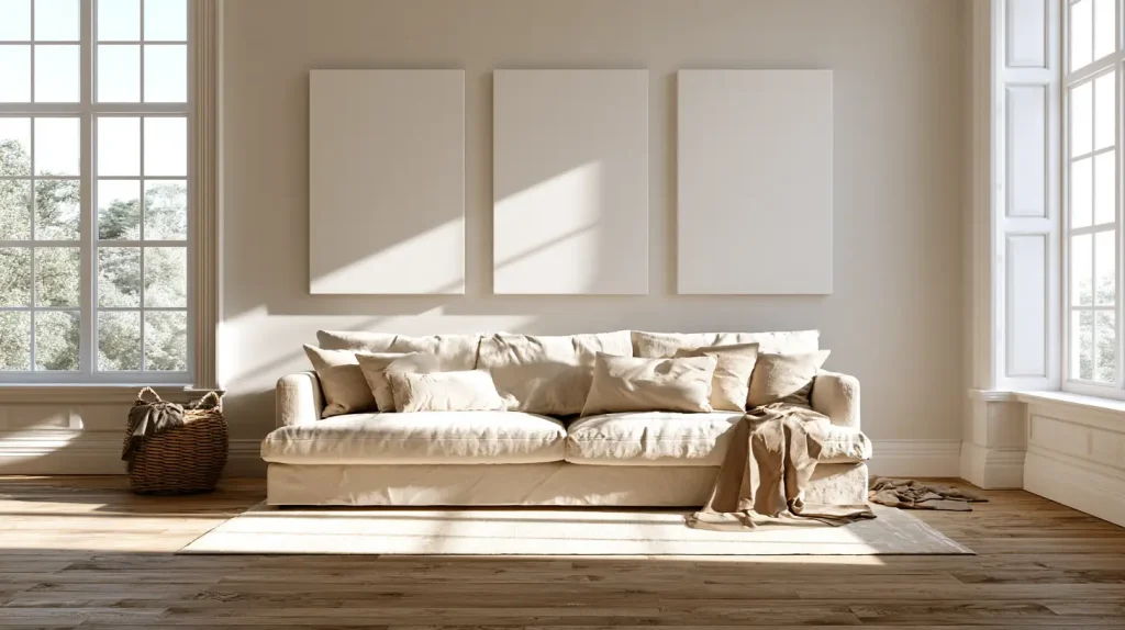 Cream-colored sofa with cushions in bright living room under large windows