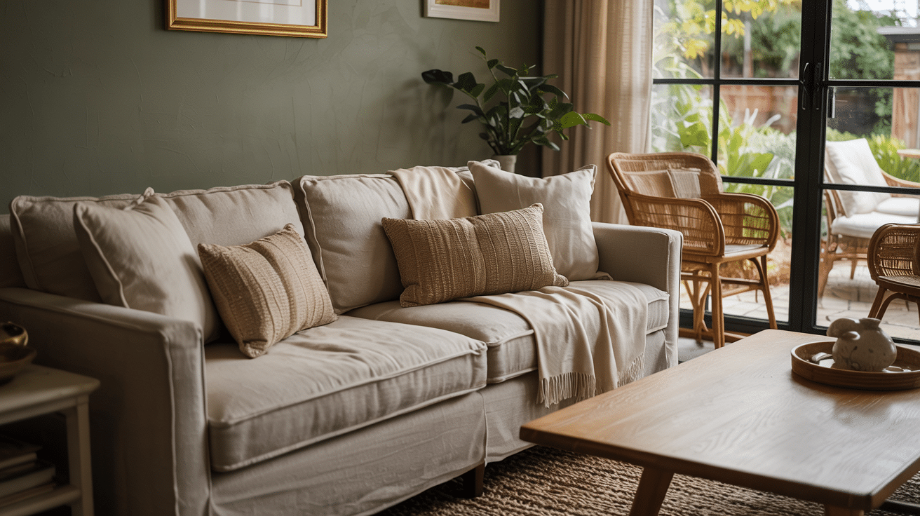 Living room with a cream sofa, olive walls, rattan chairs, and wood table