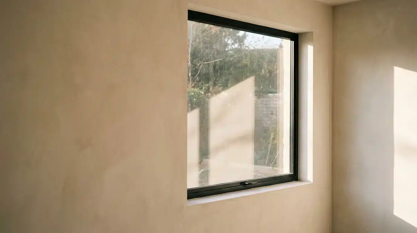 Rectangular window with black frame in beige sunlit room