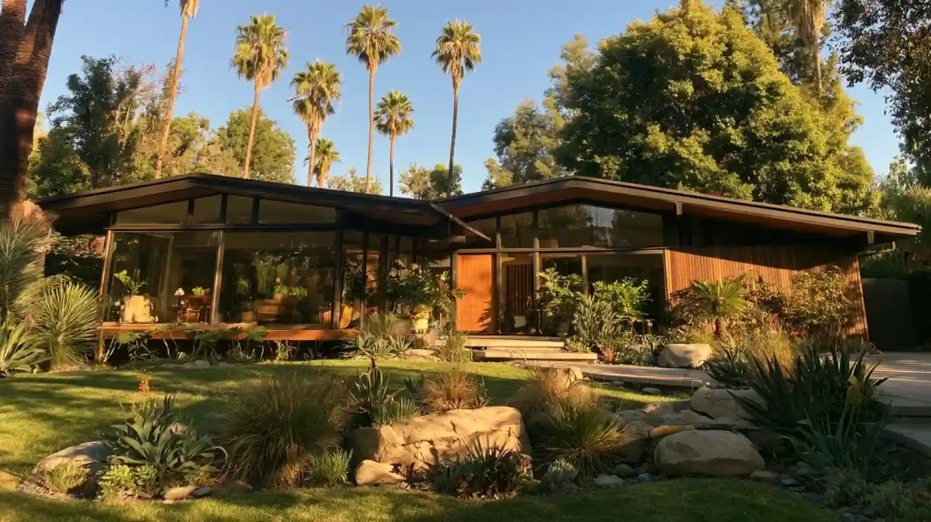 Mid century modern house with floor to ceiling glass walls warm wood exterior landscaped garden.