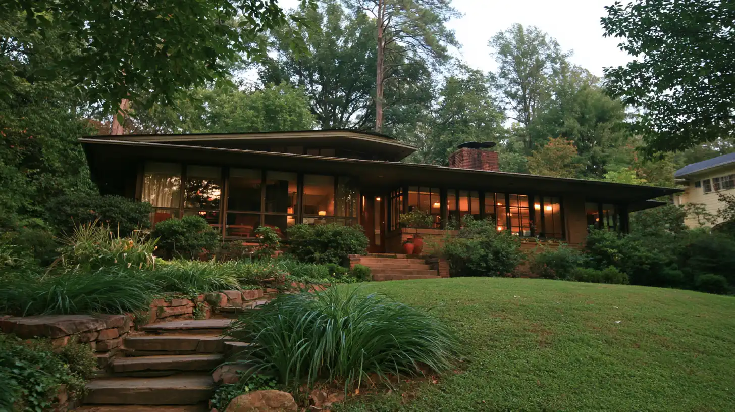 Mid century modern house with low sloping roof floor to ceiling glass windows brick chimney landscaped garden natural stone steps and mature trees surrounding the home