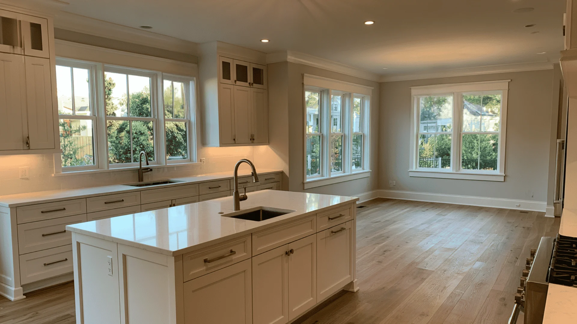 Open-concept kitchen with white cabinets, island sink, and Mindful Gray walls under warm light