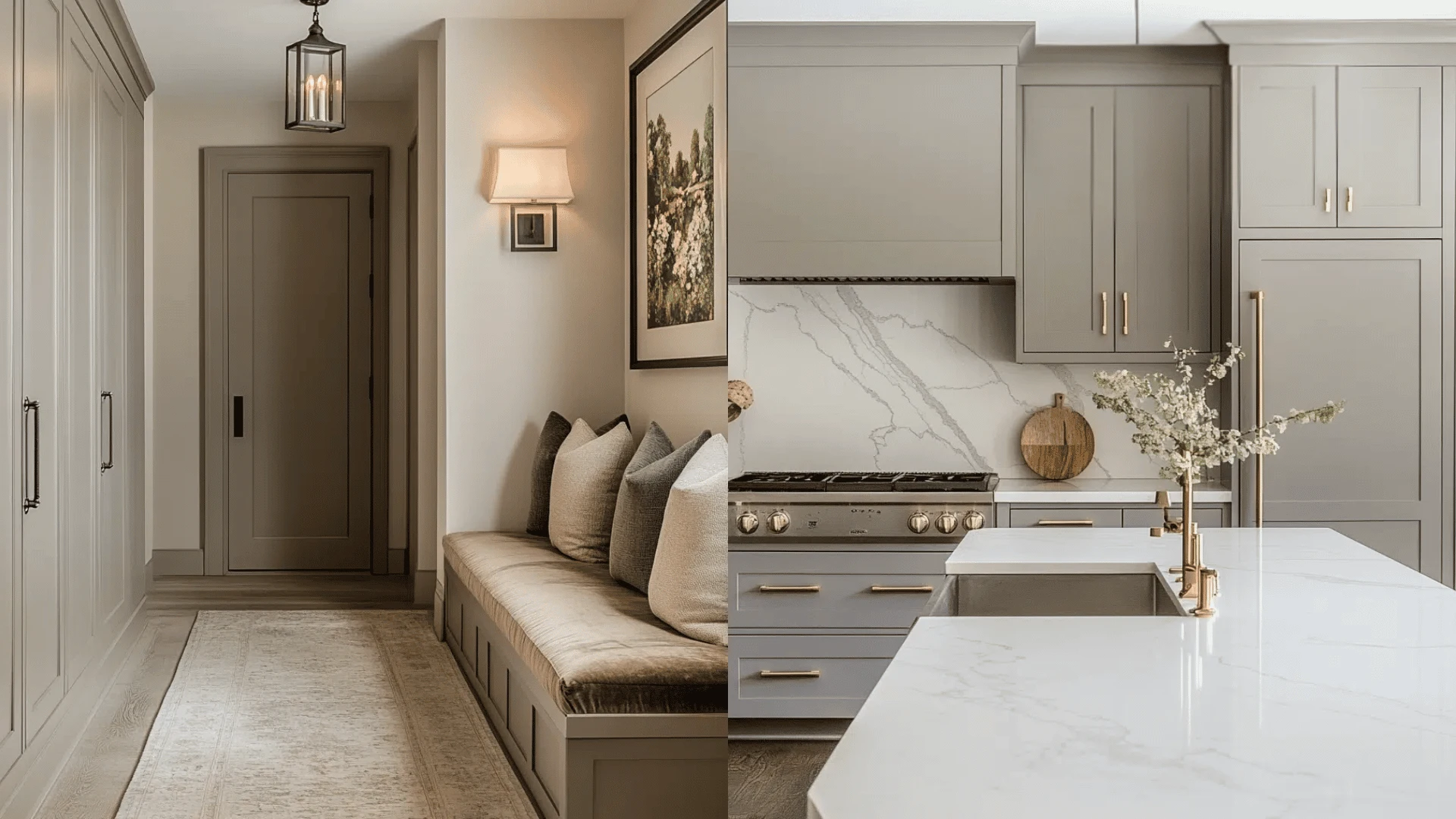 Sherwin-Williams dorian gray featured on entryway trim and kitchen cabinets.