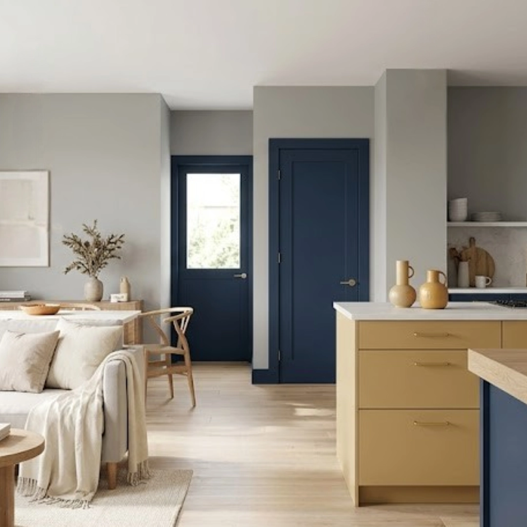 Cozy modern living area with grey walls and blue doors. pale yellow counter.