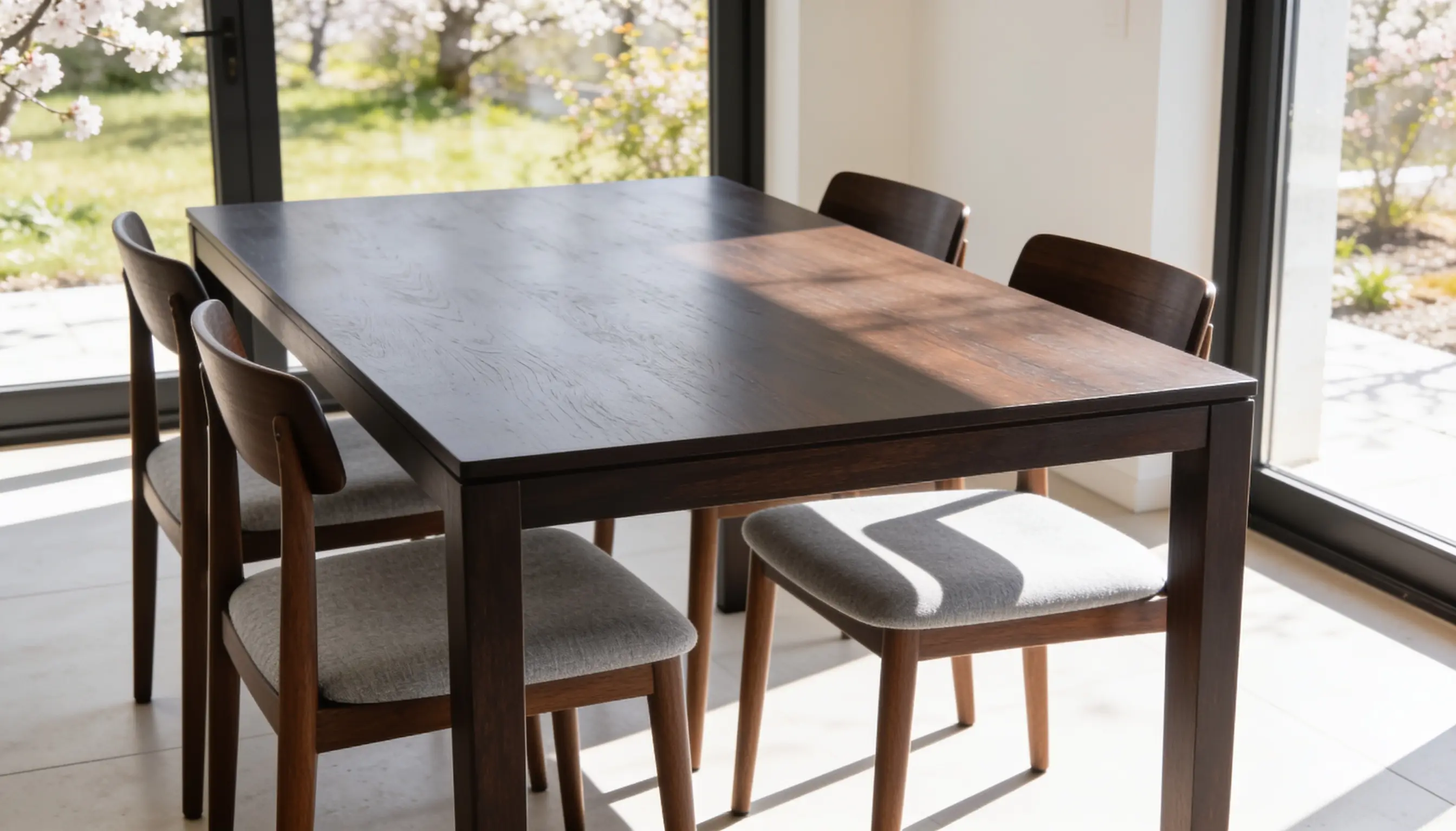 minimalist dining set for four people, wooden table and chairs near a window.