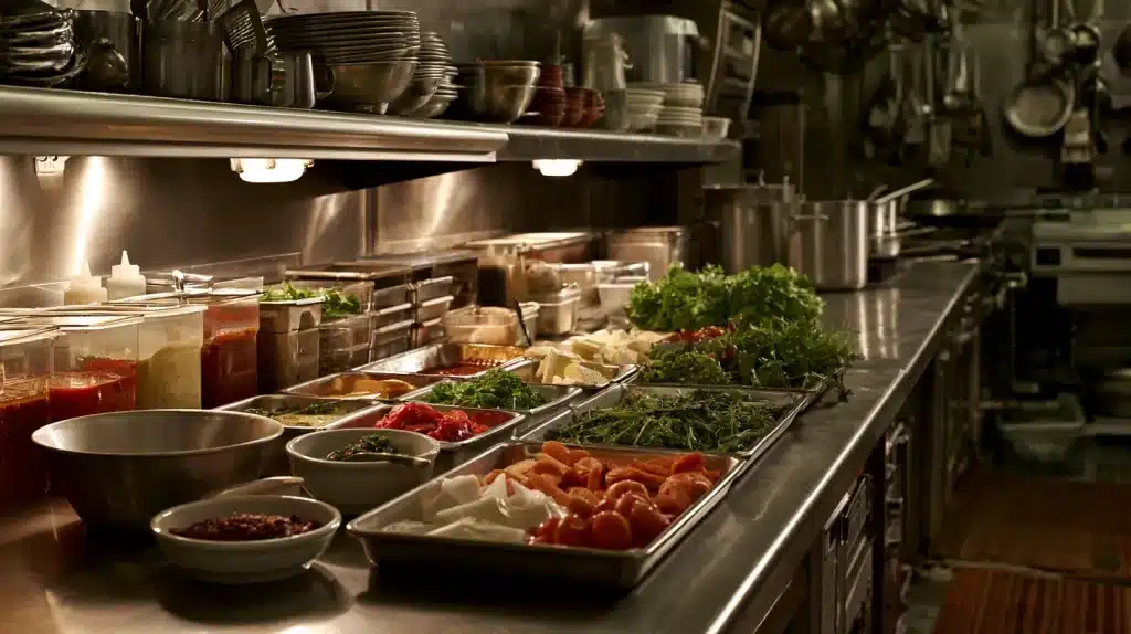 A professional kitchen storing everything as per mise-en-place with steel containers and good lighting.