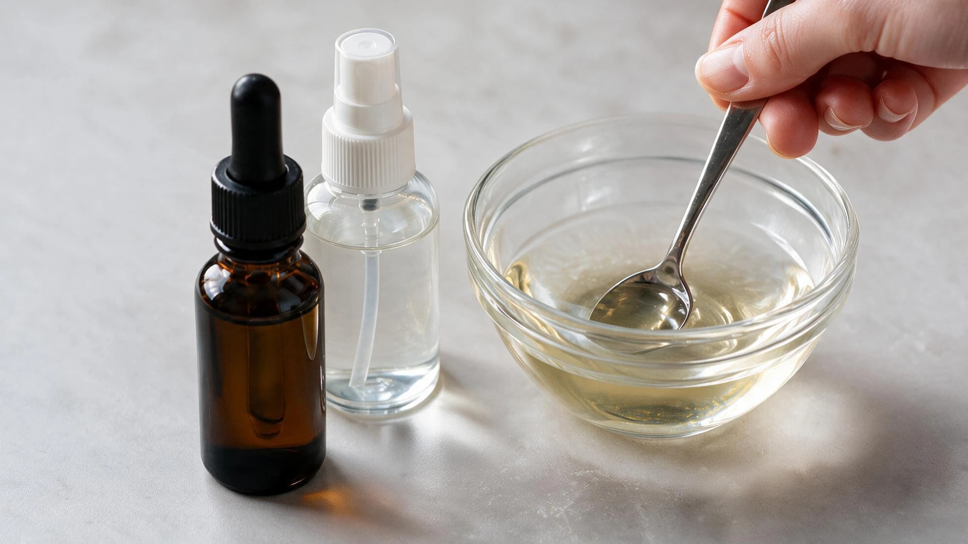 Mixing carrier oil and essential oils in a small glass bowl