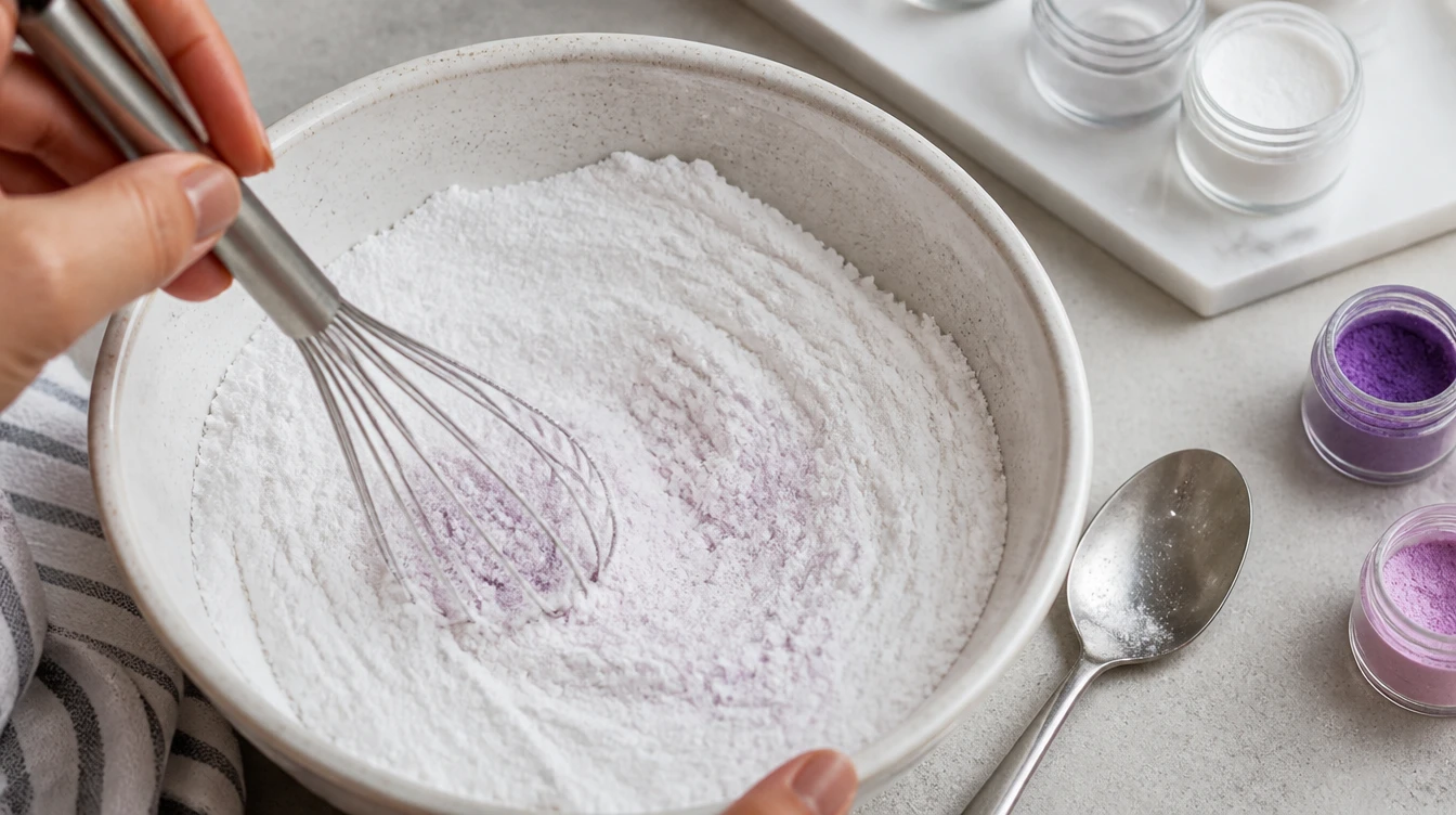 Mixing dry bath bomb ingredients with a whisk in a large bowl