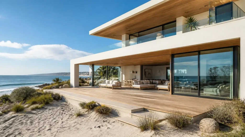 Modern beachfront villa with expansive glass doors opening to a wooden deck and ocean view