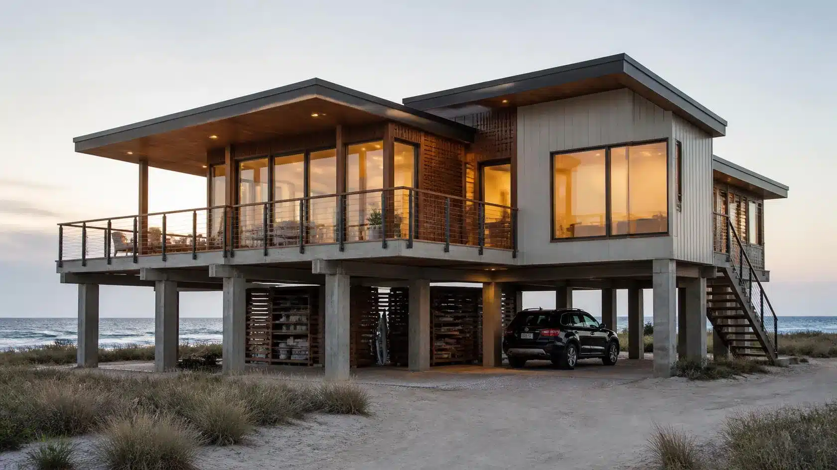 Modern beach house on elevated concrete stilts with covered parking, wrap-around deck, and ocean views.