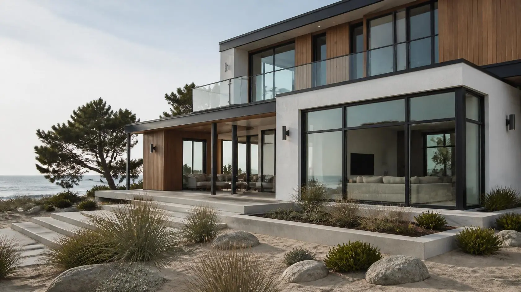 Modern beach house with black-framed windows, white render, timber cladding, and sandy dune landscaping.