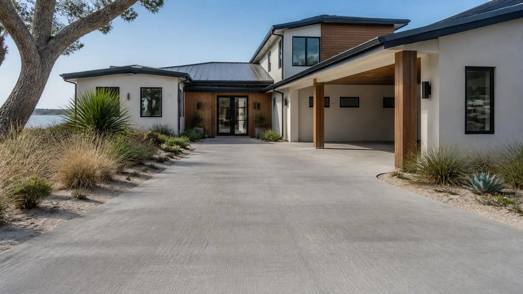 Modern beach house with broom-finished concrete driveway, white render exterior, timber cladding, and coastal landscaping.