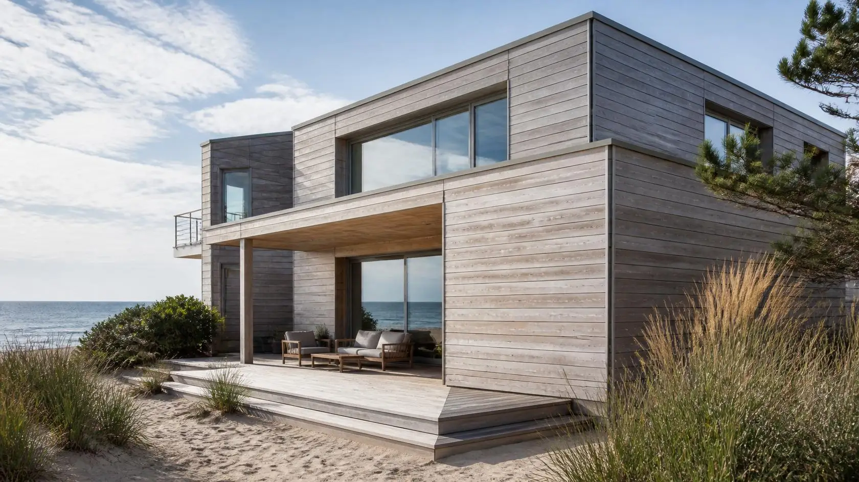 Modern beach house with weathered cedar cladding, covered deck, outdoor seating, and coastal dune surroundings.