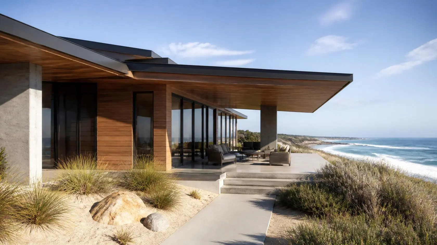 Modern beach house with wide timber roof overhang, floor-to-ceiling glass walls, concrete patio, and oceanfront views.