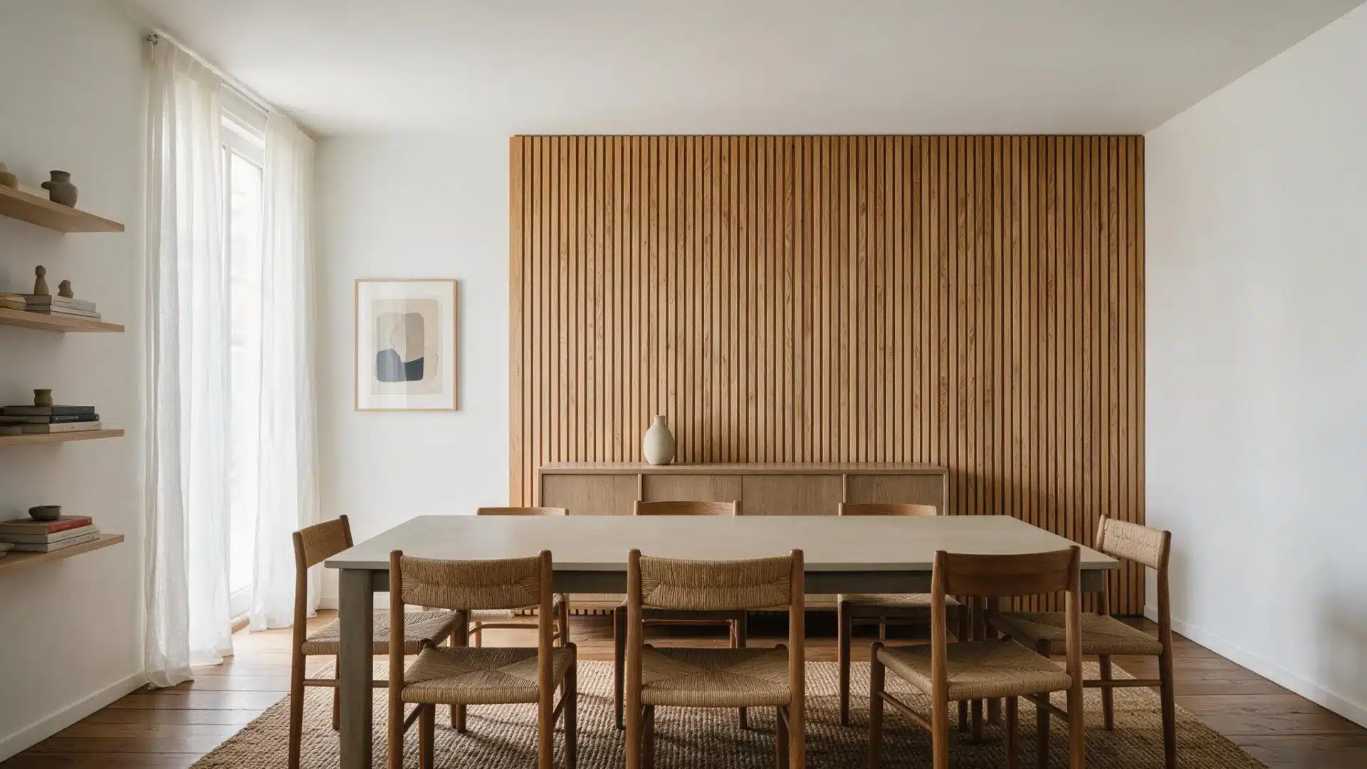 Modern dining table with chairs set against a vertical light oak wood slat feature wall.