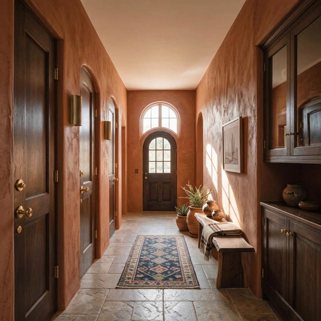 Terracotta hallway with dark wood doors, rustic stone floor, and natural sunlight.