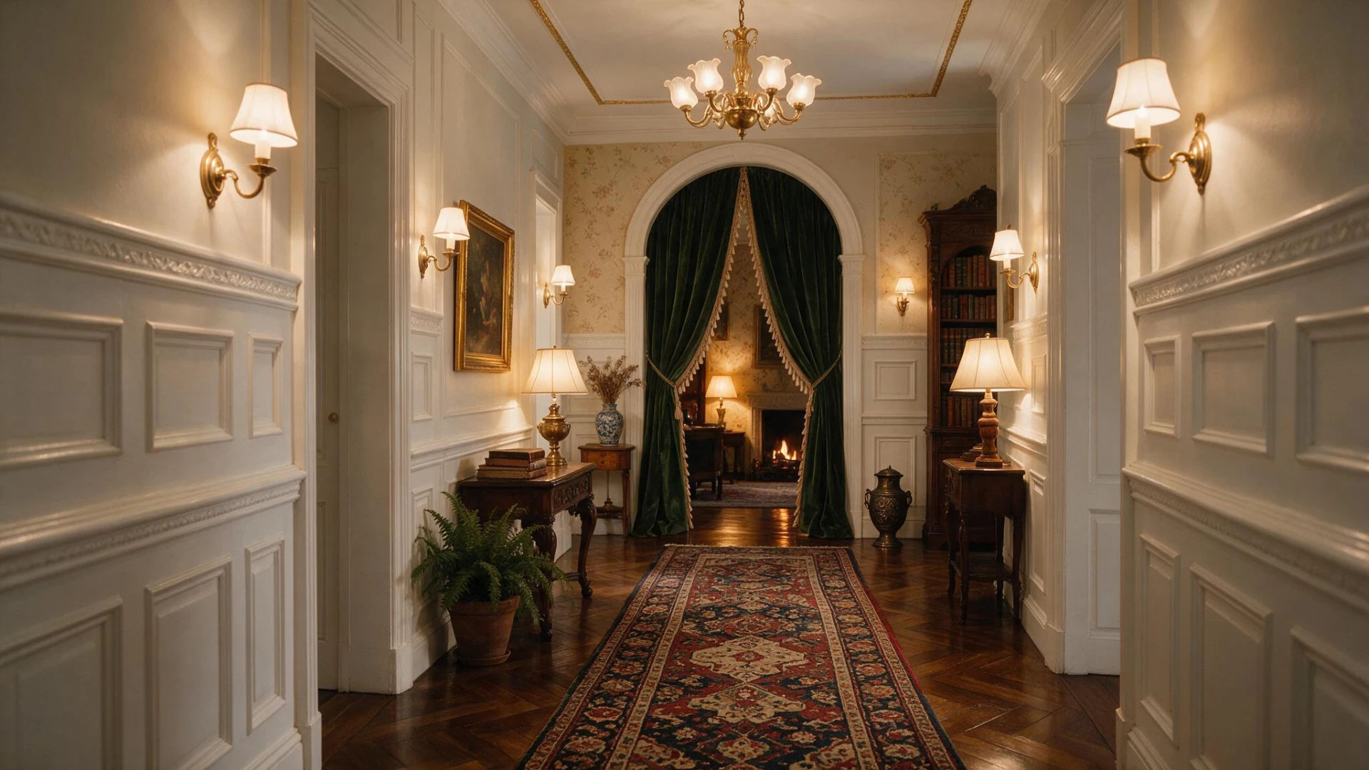 Elegant off-white hallway with detailed wainscoting, wall sconces, and a runner rug