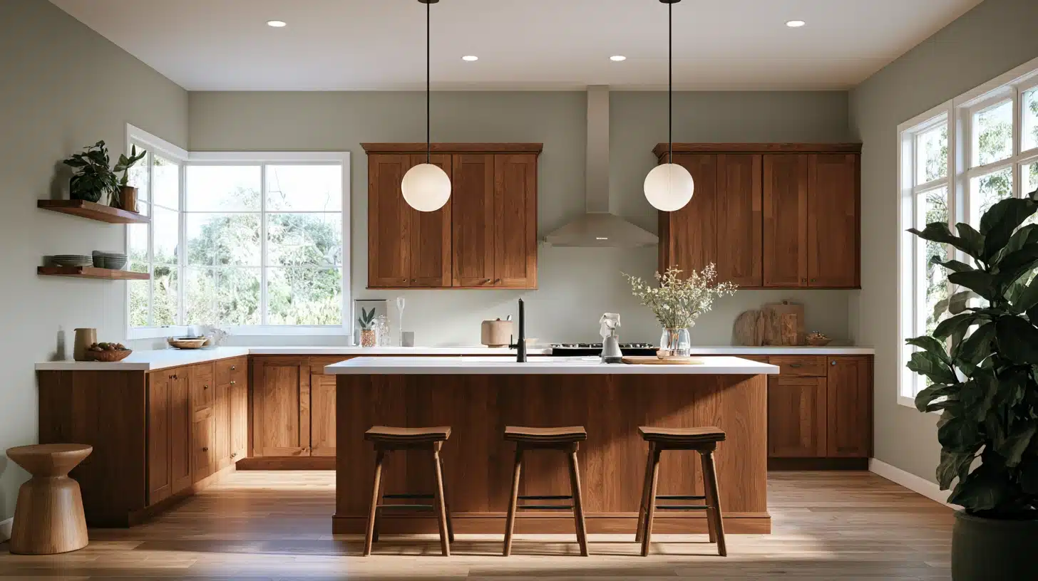 Modern kitchen with dark wood cabinets, a large island with three stools, pendant lights, windows, open shelves, and potted plants.
