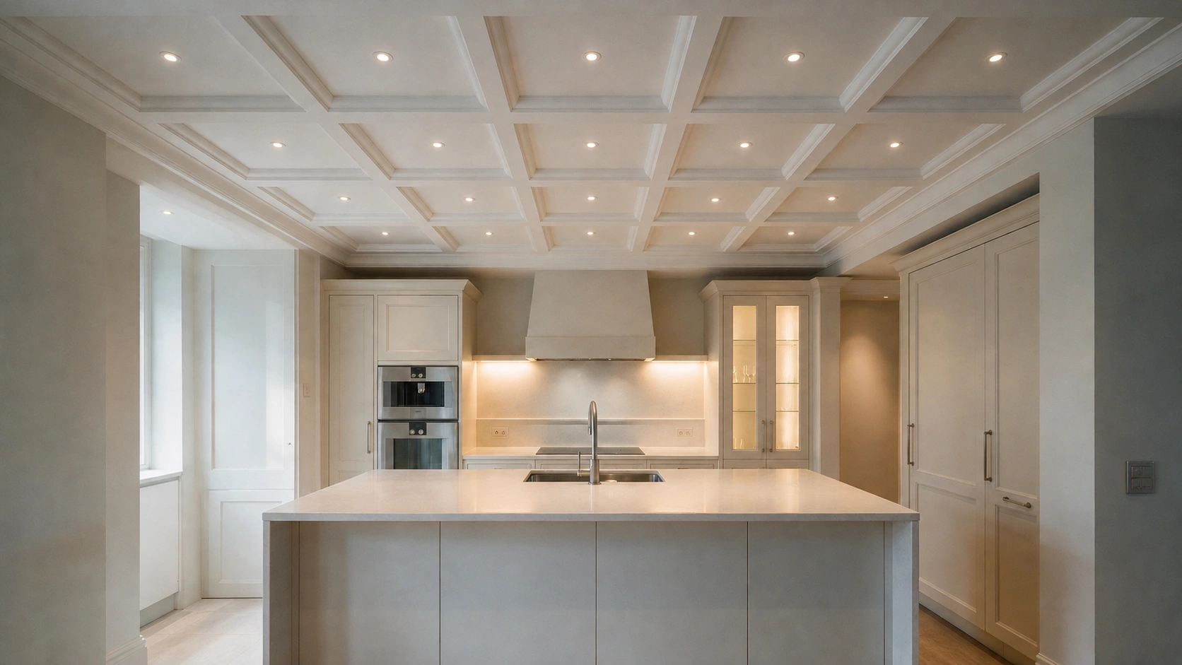 Modern kitchen with white coffered ceiling recessed lights large island white cabinets and warm under cabinet lighting