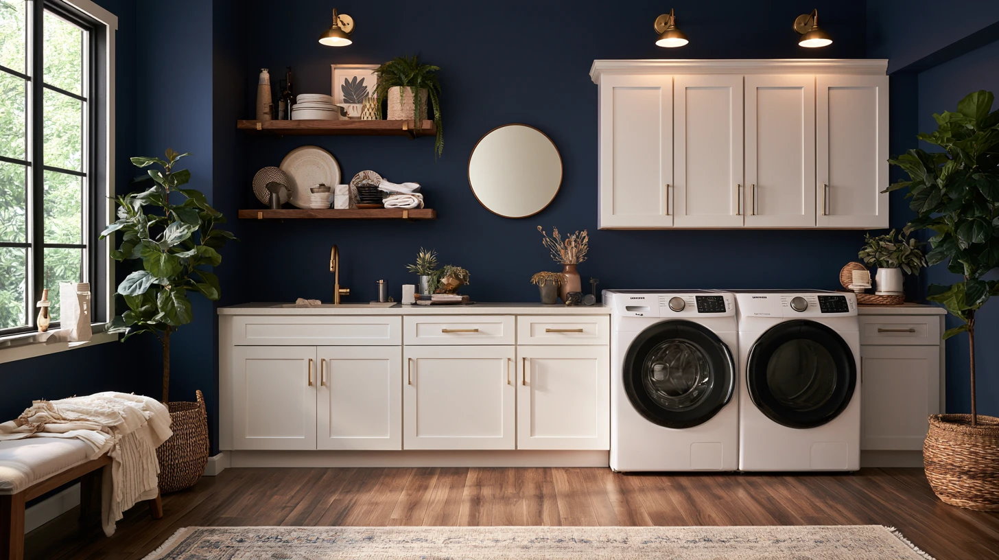 Modern laundry room with rich navy walls, white cabinets, wood shelves, brass lighting, and white front-loading washer and dryer.