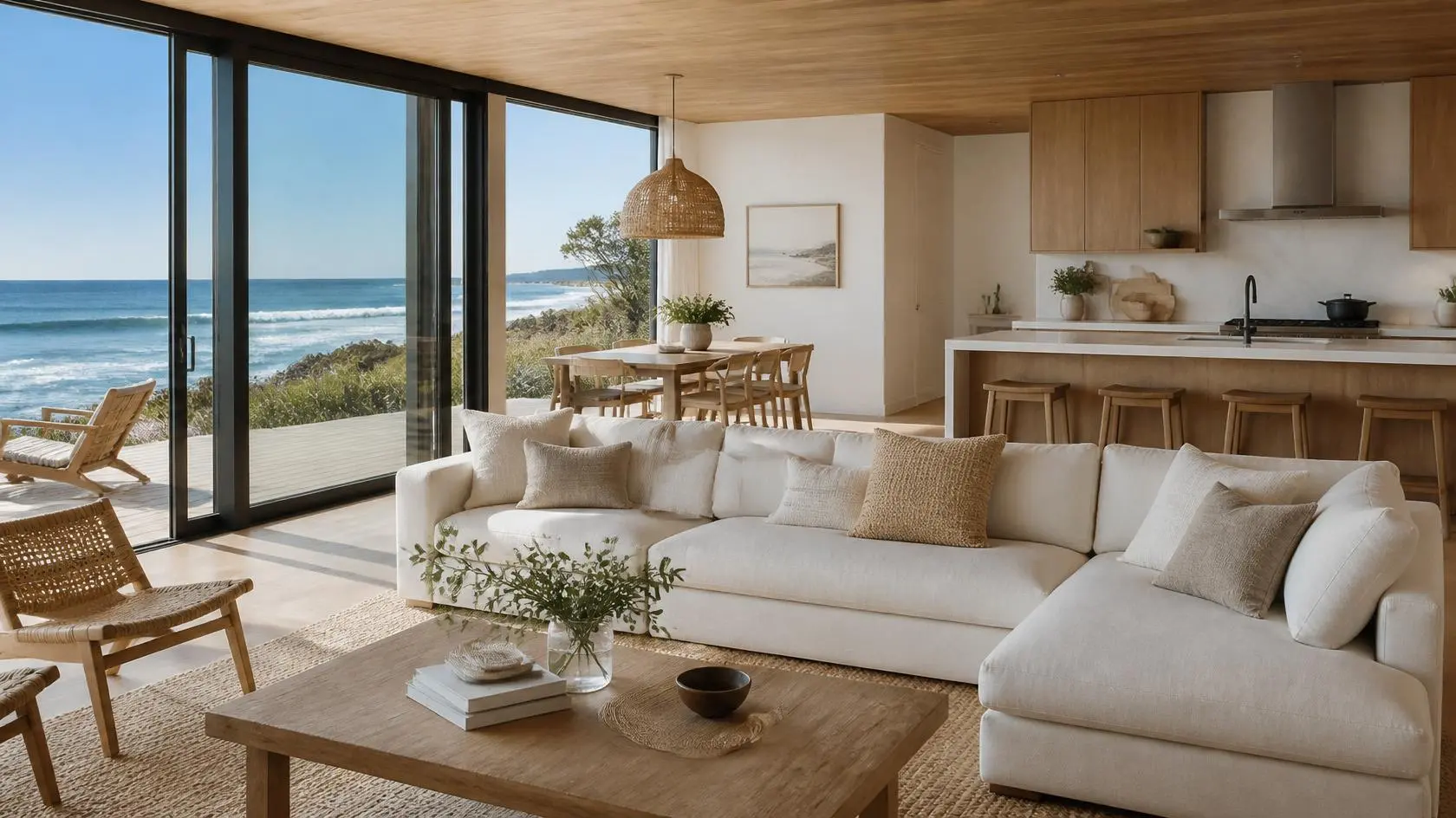 Modern living room and kitchen with ocean view, featuring a sectional sofa, wooden furniture, and large sliding glass doors.